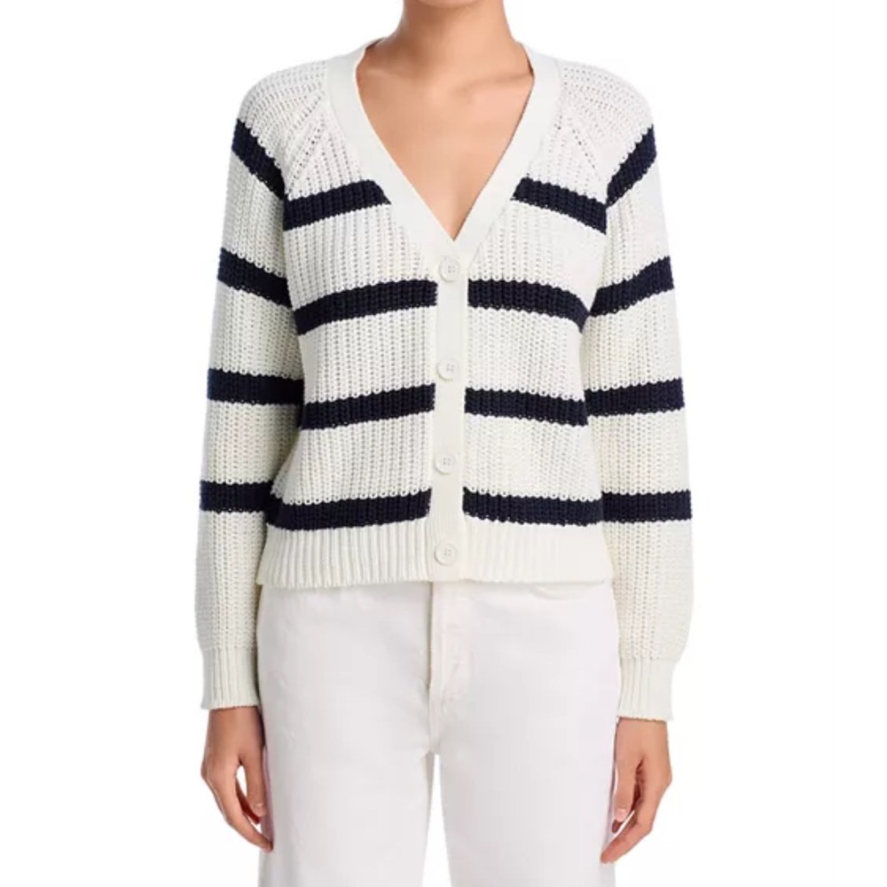 AQUA Striped Knit Cardigan Button Front Sweater Top Cream Black XXL